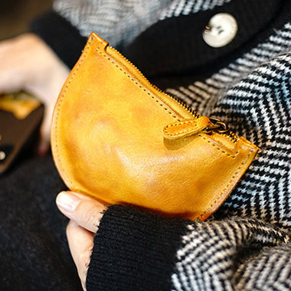 Vintage Women Yellow Leather Zip Coin Pouch Saddle Coin Wallet Change Wallet For Women
