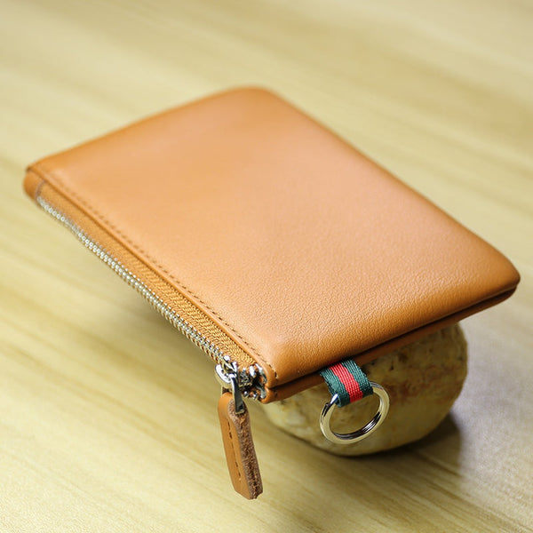 Women Black Coffee Leather Mini Zip Wallet with Keychain Billfold Slim Coin Wallet Small Zip Change Wallet For Women