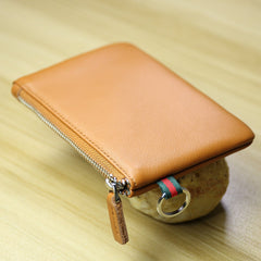 Women Black Coffee Leather Mini Zip Wallet with Keychain Billfold Slim Coin Wallet Small Zip Change Wallet For Women