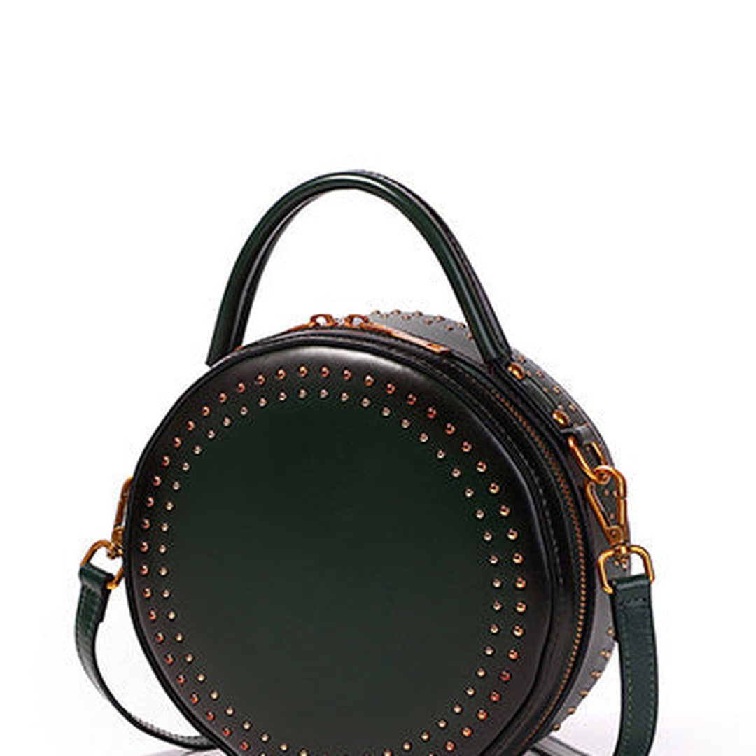 Womens Green Leather Round Handbag with Rivet Crossbody Purse Green Round Shoulder Bag for Women