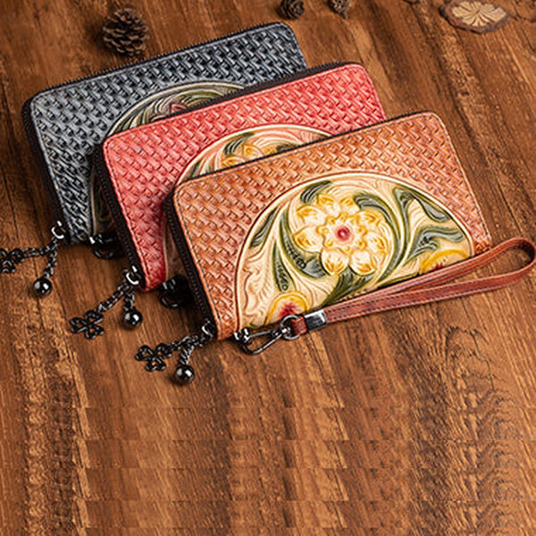 Vintage Floral Leather Wristlet Wallet Womens Flower Zip Around Wallets Floral Ladies Zipper Clutch Wallets for Women