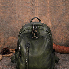 Best Green Leather Rucksack Womens Vintage School Backpack With Rivet Leather Backpack Purse