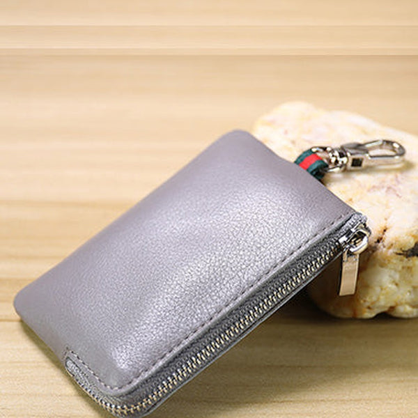 Slim Women Gray Leather Zip Wallet with Keychains Minimalist Coin Wallet Small Zip Change Wallet For Women
