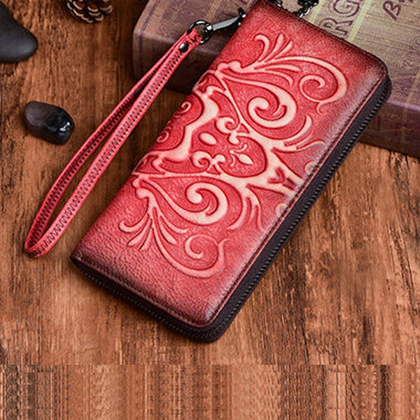 Handmade Womens Floral Red Leather Zip Around Wallet Wristlet Wallet Floral Ladies Zipper Clutch Wallet for Women