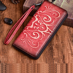 Handmade Womens Floral Red Leather Zip Around Wallet Wristlet Wallet Floral Ladies Zipper Clutch Wallet for Women