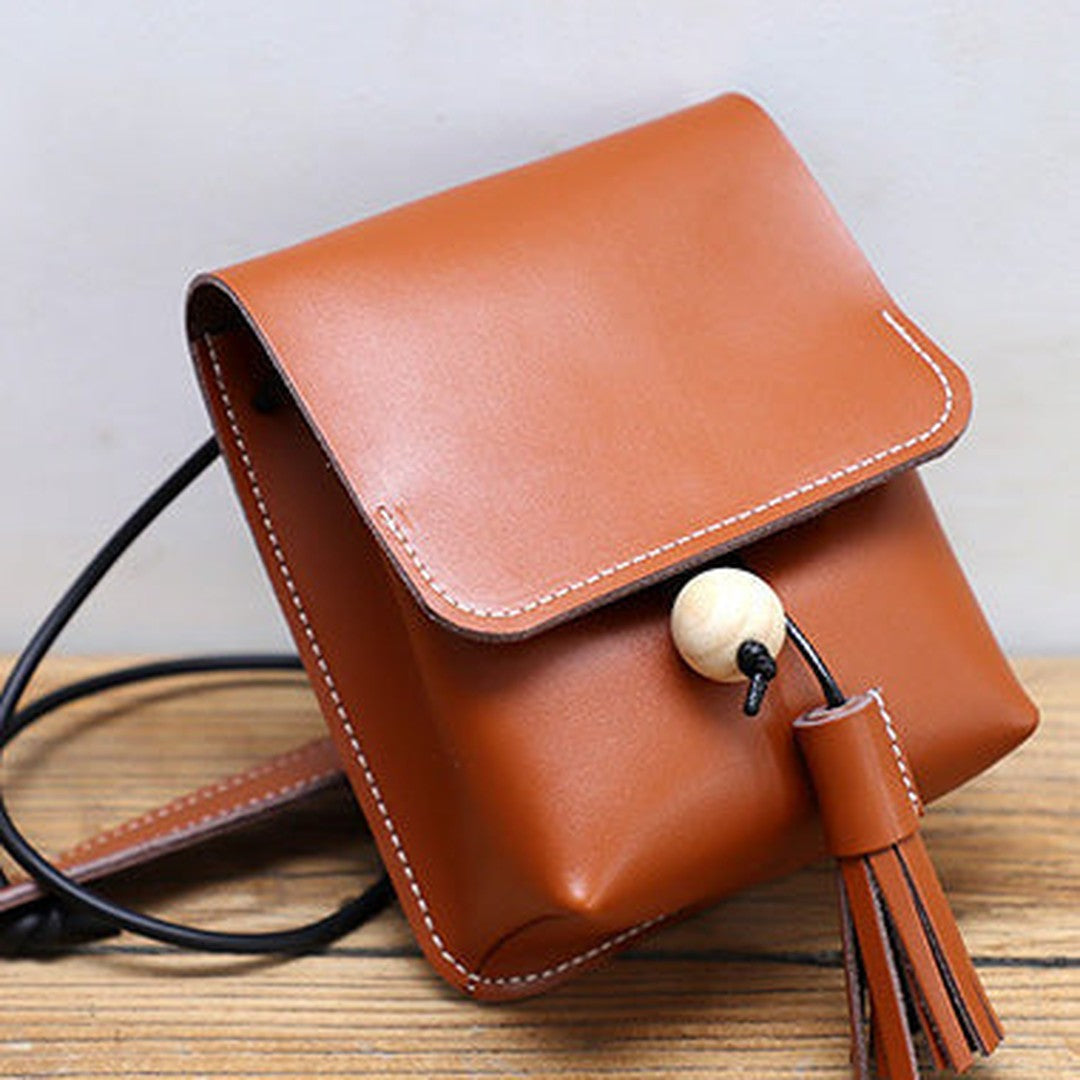 Cute Brown LEATHER Small Side Bag Handmade WOMEN Phone Crossbody BAG Purse FOR WOMEN