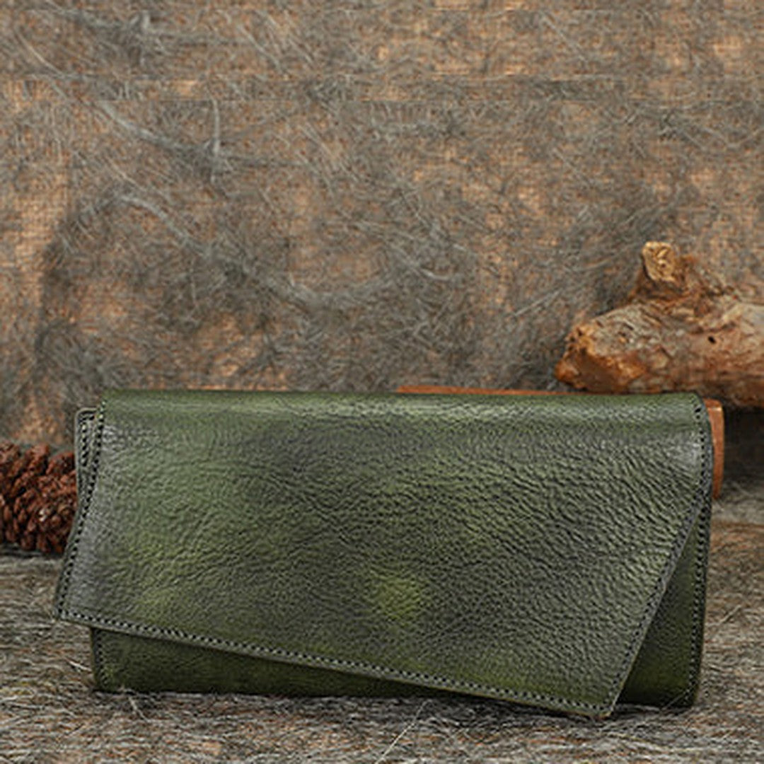 Green Womens Geometry Leather Trifold Long Wallet Vintage Clutch Wallet for Ladies