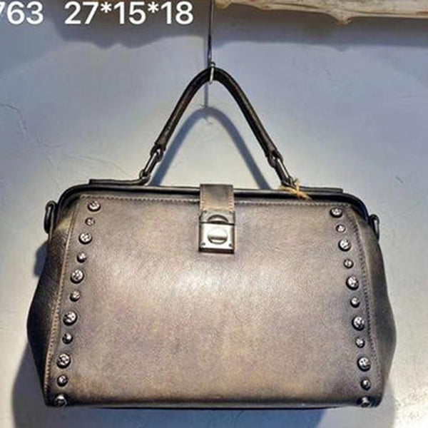 Vintage Womens Gray Leather Doctor Handbag Purses With Rivet Doctor Shoulder Bag for Women