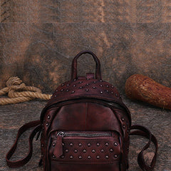 Best Vintage Rivets Coffee Leather Rucksack Womens Small School Rucksack Leather Backpack Purse