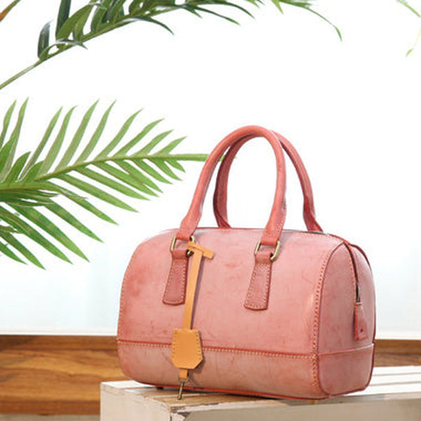 Vintage Womens Waxed Leather Red Boston Handbags Purse Small Red Side Boston Bag Purse for Women