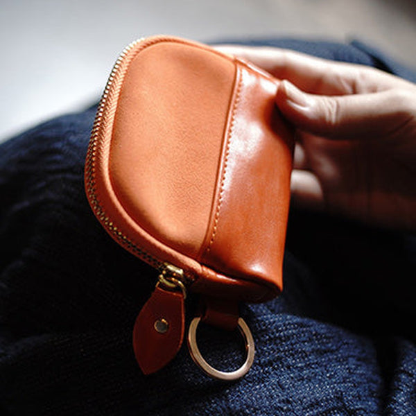 Vintage Women Orange Leather Zip Coin Pouch with Keyring Coin Wallet Change Wallet For Women