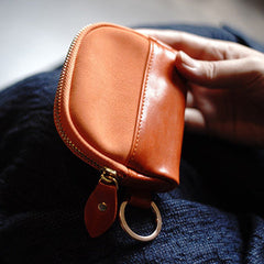 Vintage Women Orange Leather Zip Coin Pouch with Keyring Coin Wallet Change Wallet For Women