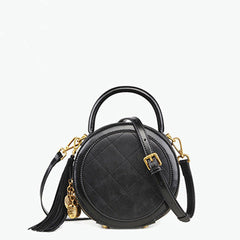 Womens Black Leather Round Handbag Small Crossbody Purse Round Shoulder Bag for Women