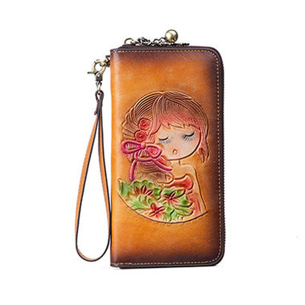 Womens Tan Leather Zip Around Wallets Singing Girl Wristlet Wallets Flower Ladies Zipper Clutch Wallet for Women