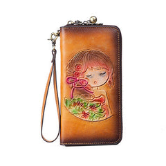 Womens Tan Leather Zip Around Wallets Singing Girl Wristlet Wallets Flower Ladies Zipper Clutch Wallet for Women