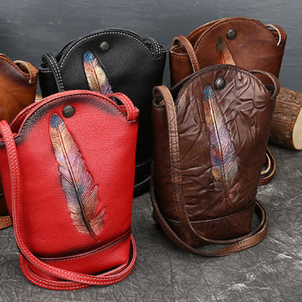 Vintage Womens Leather Shoulder Bucket Bag leather phone Bucket bag for women Side bag crossbody bag