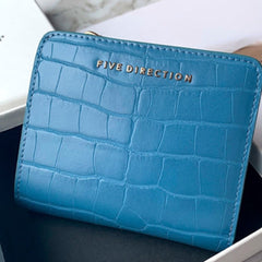 Cute Women Blue Vegan Leather Small Wallet Crocodile Pattern Billfold with Coin Pocket For Women
