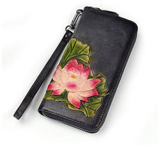 Womens Lotus Flower Black Leather Zip Around Wallet Wristlet Wallet Flower Ladies Zipper Clutch Wallet for Women