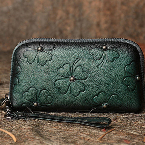 Handmade Clover Green Leather Wristlet Wallets Womens Zip Around Wallet Ladies Cute Clutch Wallet for Women