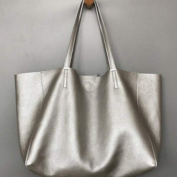 Fashion Womens Silver Leather Oversize Tote Bag Black Shoulder Tote Bag Handbag Tote For Women