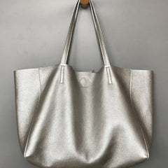 Fashion Womens Silver Leather Oversize Tote Bag Black Shoulder Tote Bag Handbag Tote For Women