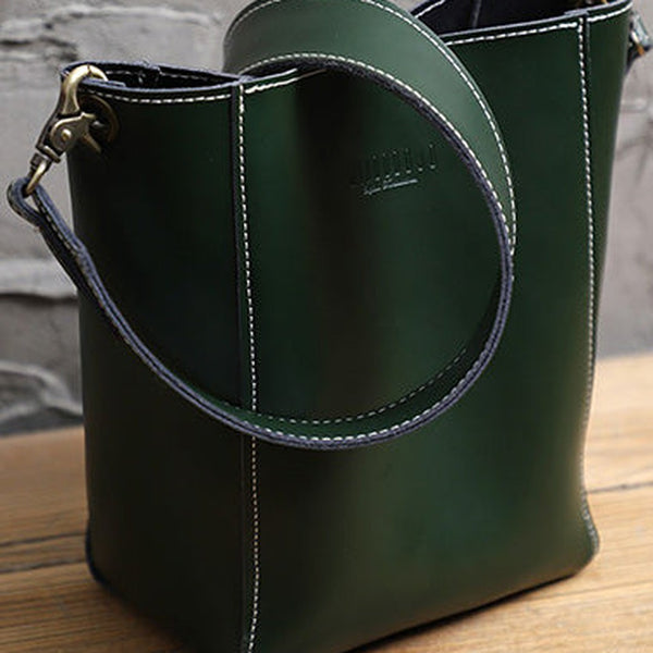 Cute Green LEATHER WOMEN Bucket SHOULDER BAG Barrel Crossbody Purses FOR WOMEN