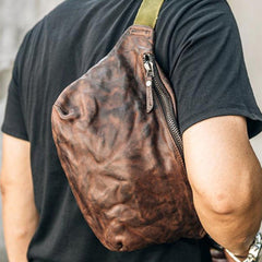 Cool Black Leather Men Chest Bag Waist Bags Coffee Fanny Pack Hip Bag One Shoulder Backpack For Men
