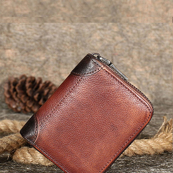 Vintage Women Brown Leather Small Wallet Zip Around Bifold Billfold Wallet with Coin Pocket For Women