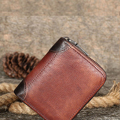 Vintage Women Brown Leather Small Wallet Zip Around Bifold Billfold Wallet with Coin Pocket For Women