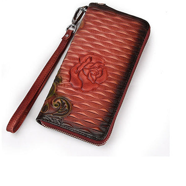 Womens Rose Flower Red Leather Zip Around Wallet Wristlet Wallet Flower Ladies Zipper Clutch Wallet for Women