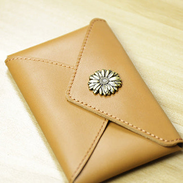 Slim Women Tan Leather Card Wallet Sunflower Minimalist Envelope Card Holder Wallet Coin Wallet For Women