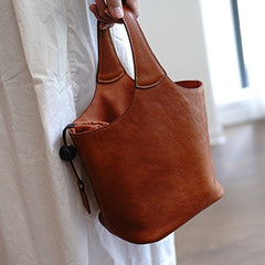 Vintage Brown Leather Small Bucket Handbag Women Handmade Small Barrel Bag for Women