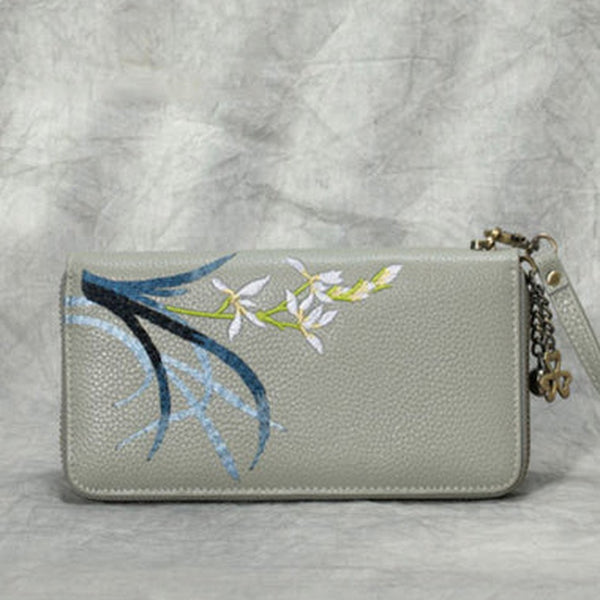 Handmade Embroidery Gray Leather Orchids Wristlet Wallet Womens Zip Around Wallets Flowers Orchids Ladies Zipper Clutch Wallet for Women