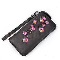 Womens Plum Blossom Flower Black Leather Zip Around Wallet Wristlet Wallet Flower Ladies Zipper Clutch Wallet for Women