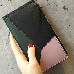 Cute Womens Patchwork Black Leather Card Wallet Card Clutch Wallet Zip Card Holder Wallet for Women