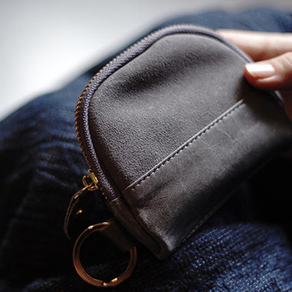 Vintage Women Gray Leather Zip Coin Pouch with Keyring Coin Wallet Change Wallet For Women