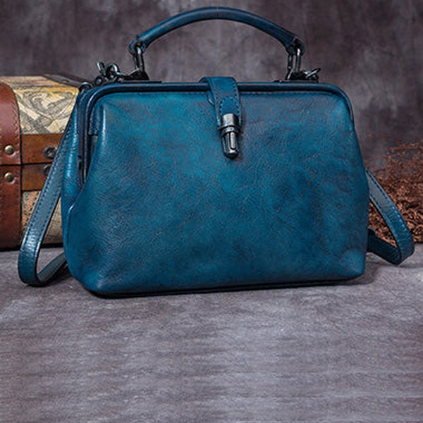 Handmade Blue Leather Handbag Vintage Doctor Bag Shoulder Bag Purse For Women