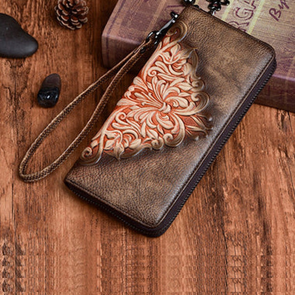 Womens Flowers Coffee Leather Zip Around Wallet Wristlet Wallet Floral Ladies Zipper Clutch Wallet for Women