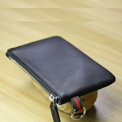 Women Black Leather Mini Zip Wallet with Keychain Billfold Slim Coin Wallet Small Zip Change Wallet For Women