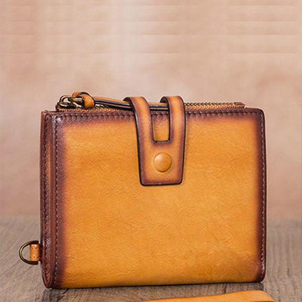 Vintage Tan Leather Small Wristlet Wallet Womens Billfold Wallet Bifold Small Wallet for Women
