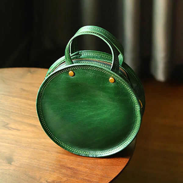 Vintage Womens Green Leather Round Handbag Purses Green Round Shoulder Bag Crossbody Handbag for Women