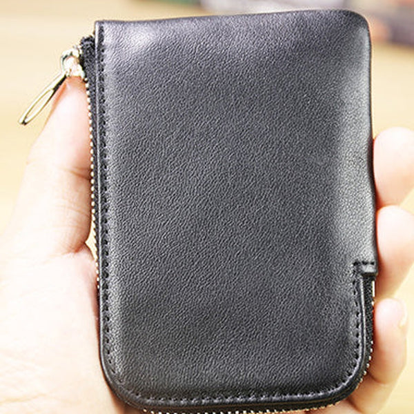 Women Leather Mini Zip Wallet Black Billfold Slim Coin Wallets Small Zip Change Wallet For Women