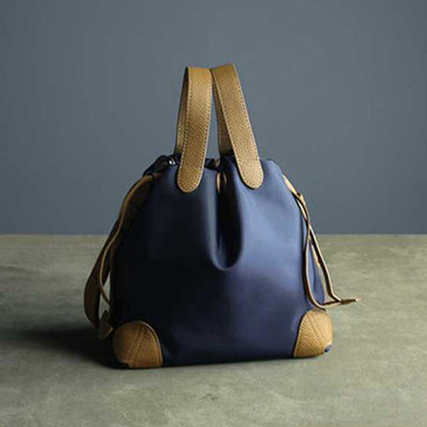 Cute Womens Navy&Khaki NYLON Bucket Handbag Purse Barrel NYLON Shoulder Bag Crossbody Purse for Ladies