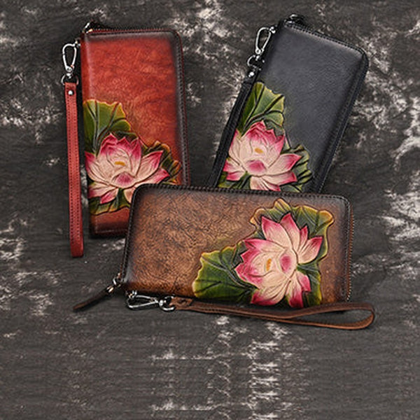 Womens Lotus Flower Leather Zip Around Wallet Wristlet Wallet Flower Ladies Zipper Clutch Wallet for Women
