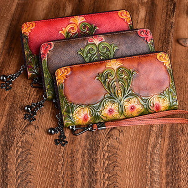 Womens Floral Leather Wristlet Wallets Flowers Zip Around Wallet Floral Ladies Zipper Clutch Wallet for Women