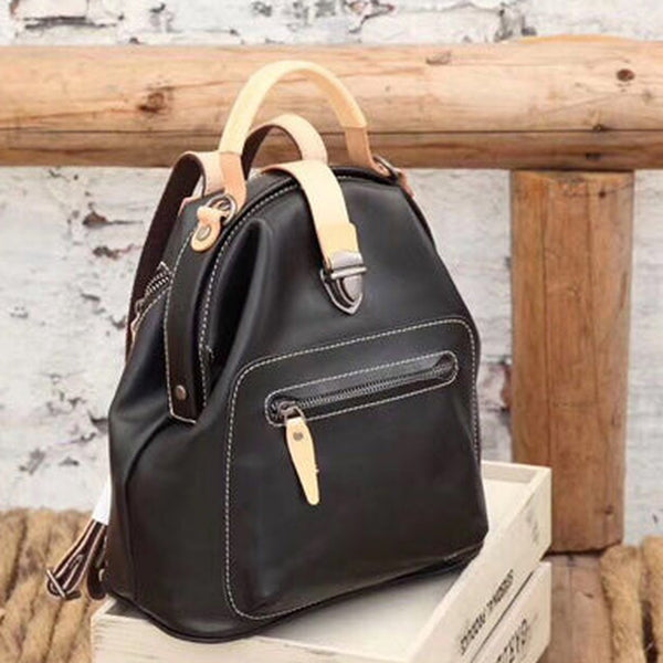 Fashion Handmade Womens Black Leather Backpack Satchel Bag Black School Backpack for Women