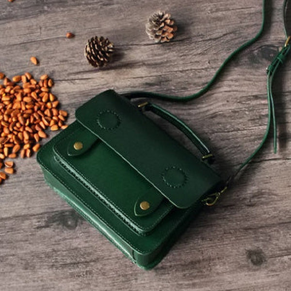 Womens Green Leather Satchel Crossbody Bag Handmade School Handbag Shoulder Bag for Ladies