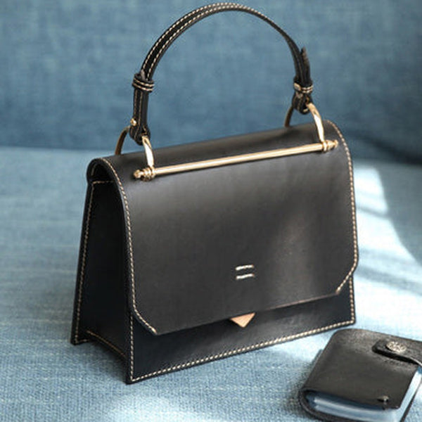 Fashion Womens Black Leather Flap Over Handbag Purse Handmade Square Crossbody Bag Shoulder Bag Purse