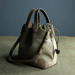 Small Womens Khaki Nylon Leather Bucket Handbag Purse Nylon Leather Barrel Shoulder Bag Handbag Purse for Ladies