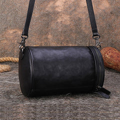Vintage Black Gray Leather Womens Barrel Shoulder Bag Bucket Crossbody Purse for Women